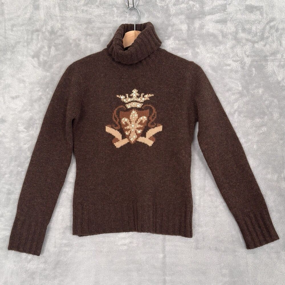 Rare VTG BCBG MaxAzria Signature Crown Lambswool Sweater Brown M Pullover Preppy